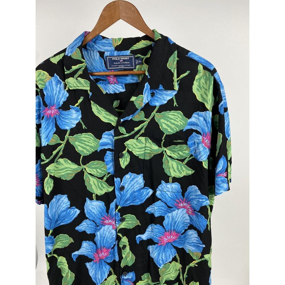 Vtg XL 90s Polo Sport Ralph Lauren Loop Collar Floral 100% Rayon Hawaiian Shirt